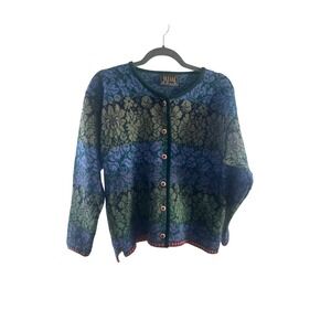 Oleana Norway Pure New Wool Floral Cardigan Sweater Purple Green Blue Small